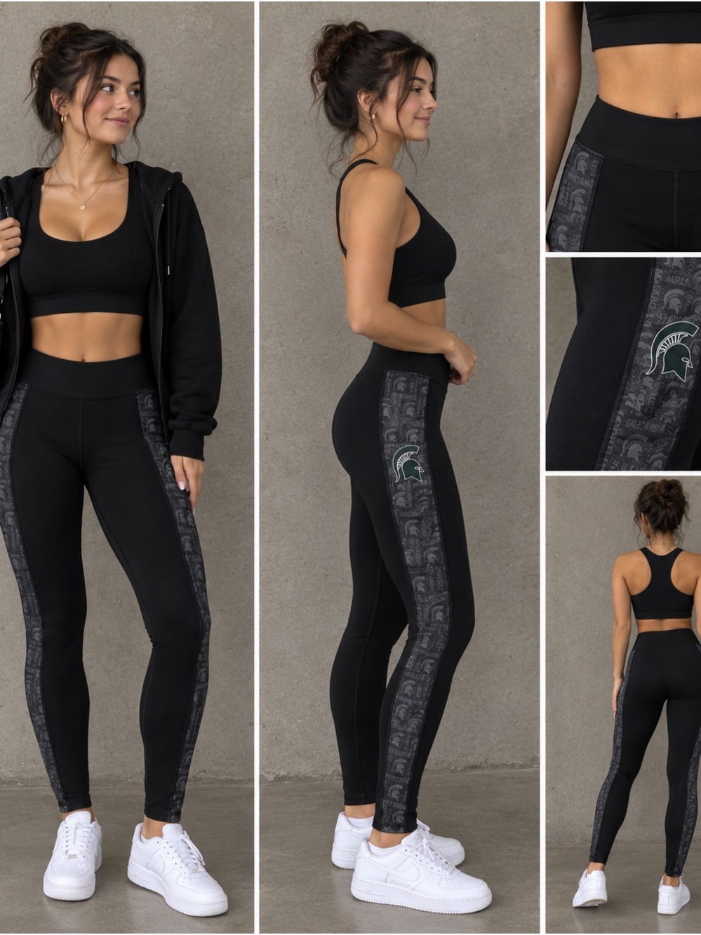 NCAA Black High-Waist Jeggings with Green Spartan Logo Side Panel